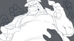  2023 alligator alligatorid anthro belly brok_(character) brok_the_investigator clothing crocodilian hi_res humanoid_hands kemono knife male musclegut nod_zilla_dora one_eye_closed overweight overweight_male reptile scalie shirt simple_background solo topwear 