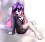  &lt;3 anthro black_clothing bottomwear clothing deraniel eyewear fur glasses hair hoodie lagomorph leporid looking_at_viewer male mammal multicolored_body multicolored_fur purple_body purple_eyes purple_fur purple_hair rabbit relaxing shorts sitting smile solo thistle_(thistlebunny) topwear white_body white_fur 