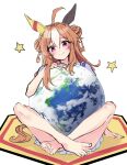  1girl absurdres ahoge animal_ears barefoot blush brown_hair closed_mouth copano_rickey_(umamusume) double_bun ear_covers earth_(planet) fang fang_out feet full_body hair_bun hair_ornament highres horse_ears horse_girl horse_tail indian_style legs long_hair looking_at_viewer multicolored_hair planet purple_shirt red_eyes shirt short_sleeves sitting skin_fang skirt smile solo spread_toes star_(symbol) tail tassel tassel_hair_ornament tiara_(871220) toenails toes two-tone_hair umamusume white_background white_skirt 