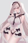  1girl absurdly_long_hair absurdres azur_lane black_choker black_neckerchief black_sailor_collar breasts brown_eyes choker clothing_cutout commentary dress dress_flower feather_dress formidable_(azur_lane) formidable_(timeless_classics)_(azur_lane) full_body grey_hair hair_ornament highres huge_breasts long_hair looking_at_viewer nanako94418108 navel_cutout neckerchief official_alternate_costume sailor_collar seiza simple_background sitting sleeveless sleeveless_dress solo twintails two-tone_dress two-tone_ribbon veil very_long_hair white_dress 