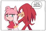  2023 amy_rose clothing echidna eulipotyphlan fangs gloves grumpy handwear hedgehog hi_res knuckles_the_echidna mammal monotreme pushing sega simple_background sonic_the_hedgehog_(series) speech_bubble teeth text toonsite white_background 