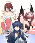  3girls :t angel_and_devil animal_ears arknights bird_ears black_collar black_dress black_gloves black_wings blue_hair breasts chain cleavage closed_eyes collar dark_halo detached_sleeves doughnut dress eating elbow_gloves energy_wings exusiai_(arknights) fiammetta_(arknights) food fur-trimmed_hood fur-trimmed_jacket fur_trim gloves hair_between_eyes hair_over_one_eye halo hand_up heart heart_pillow highres holding holding_food holding_pillow hood hood_down hooded_jacket jacket layered_sleeves long_sleeves medium_breasts mostima_(arknights) multiple_girls open_clothes open_jacket pillow quanx70909457 red_eyes red_hair shirt short_hair smile spiked_collar spikes strapless strapless_dress v white_dress white_gloves white_shirt wings yellow_eyes 