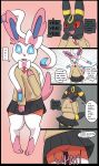  6 absurd_res angry blush bottomwear boxers_(clothing) bulge clothed clothing crossdressing crossed_legs dialogue eeveelution embarrassed female feminization forced generation_2_pokemon generation_6_pokemon hi_res male male/female matachu nintendo pokemon pokemon_(species) school_uniform sid_(matachu) skirt stacy_(matachu) sylveon tail text umbreon underwear uniform upskirt 