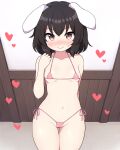  1girl animal_ears ass_visible_through_thighs bad_perspective bikini black_hair blush breasts brown_eyes cameltoe cowboy_shot floppy_ears from_above full-face_blush hand_up heart highres inaba_tewi indoors looking_at_viewer medium_hair micro_bikini pink_bikini rabbit_ears rizento side-tie_bikini_bottom small_breasts smile solo swimsuit thigh_gap touhou wall 
