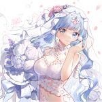  1girl alternate_costume artist_name bare_arms blue_eyes blue_hair blunt_tresses bouquet breasts bridal_veil choker cleavage cleavage_cutout closed_mouth clothing_cutout dress earrings falling_petals flower genshin_impact gou_lianlian_dogface hair_flower hair_ornament hand_in_own_hair hand_up holding holding_bouquet jewelry kamisato_ayaka light_blush long_hair looking_at_viewer medium_breasts navel petals pink_flower rose sakuramon sidelocks signature simple_background smile solo stomach tareme upper_body veil wedding_dress white_background white_choker white_dress white_flower white_rose white_veil 
