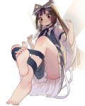  1girl absurdres ass barefoot blunt_bangs brown_eyes brown_hair fairy_wings feet foot_focus from_below full_body hands_up highres housulu long_hair simple_background soles solo star_sapphire toes touhou white_background wings 