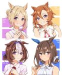  4girls admire_vega_(umamusume) alternate_hairstyle animal_ears bare_shoulders blonde_hair blush brown_eyes brown_hair character_name gradient_eyes hairband highres horse_ears horse_girl kido_hahaha looking_at_viewer medium_hair meisho_doto_(umamusume) multicolored_eyes multicolored_hair multiple_girls narita_top_road_(umamusume) necktie orange_hair parted_bangs purple_eyes shirt smile t.m._opera_o_(umamusume) two-tone_hair umamusume upper_body wavy_hair white_hair white_shirt 