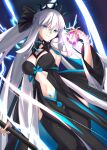  1girl black_bow black_dress blue_choker blue_eyes bow braid breasts center_opening choker clothing_cutout crown dress fate/grand_order fate_(series) french_braid grey_hair hair_bow highres holding holding_weapon large_breasts long_hair looking_at_viewer masaruokayama morgan_le_fay_(fate) navel ponytail sidelocks solo stomach_cutout stomach_tattoo tattoo two-tone_dress very_long_hair weapon white_hair 