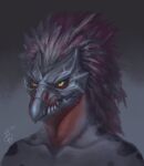 2022 alien anthro avian avian_caruncle beak bust_portrait clothed clothing colored fangs feather_hair feathered_crest feathers grey_body grey_skin halo_(series) head_crest kig-yar looking_at_viewer male microsoft multicolored_body multicolored_feathers portrait pseudo_hair pupils red_neck scalie shaded simple_background slit_pupils solo t&#039;vaoan teeth topless xbox_game_studios yellow_eyes youngjinja 