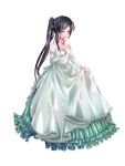  1girl bare_shoulders black_eyes black_hair chain_paradox detached_sleeves dress frilled_dress frills full_body highres jewelry long_hair long_sleeves looking_at_viewer necklace ponytail sakunya shiromizu_hotaru skirt_hold solo standing 