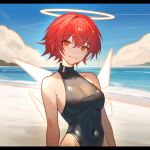  1girl arknights bare_arms bare_shoulders black_one-piece_swimsuit blue_sky breasts closed_mouth cloud commentary_request covered_collarbone covered_navel day detached_wings exusiai_(arknights) hair_between_eyes hair_intakes halo horizon letterboxed looking_at_viewer medium_breasts ocean oldercat one-piece_swimsuit orange_eyes outdoors red_hair sky smile solo swimsuit water white_wings wings 