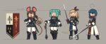  :o ahoge animal_ears aqua_eyes aqua_hair armor blonde_hair blue_eyes blue_hair breastplate brown_eyes brown_hair buck_teeth buckler claymore_(sword) cyclops fantasy full_body grey_background hairband hand_on_hilt hand_on_own_hip height_chart highres holding holding_sword holding_weapon knight mace mouse_ears mouse_girl mouse_tail one-eyed original pigeon-toed porforever relica_(porforever) shield shoulder_armor skirt standing sword tail teeth weapon yellow_eyes 
