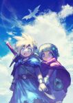  1boy 1girl belt blonde_hair blue_eyes blue_sky bow bracelet brother_and_sister cloak cloud cloudy_sky cowboy_shot day dragon dragon_quest dragon_quest_v dress female_child gloves green_bow hair_bow hero&#039;s_daughter_(dq5) hero&#039;s_son_(dq5) holding_hands jewelry long_hair low_ponytail male_child open_mouth outdoors parted_lips pink_cloak purple_cloak short_hair siblings sky spiked_hair sword teeth torn_clothes tunic twins upper_teeth_only weapon weapon_on_back white_gloves yuza 