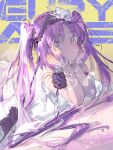  1girl bare_shoulders character_name closed_mouth commentary dress euryale_(fate) fate/grand_order fate_(series) flprayer head_rest headdress highres jewelry long_hair looking_at_viewer lying purple_eyes purple_hair smile solo strapless strapless_dress twintails very_long_hair white_dress yellow_background 