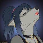  1:1 anthro blue_hair canid canine canis chest_tuft clothing collar countershading ear_piercing ear_ring emmy_(umbrafang) eyelashes eyes_closed female fur grey_body grey_fur hair highlights_(coloring) howl icon mammal piercing ponytail ring_piercing solo tuft umbrafang wolf 
