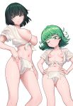  2girls breasts closed_mouth curly_hair fubuki_(one-punch_man) fundoshi green_eyes green_hair hands_on_own_hips highres japanese_clothes large_breasts looking_at_viewer multiple_girls navel nipples one-punch_man one_eye_closed short_sleeves siblings simple_background sisters small_breasts solo tatsumaki white_background yotubeya 