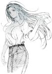  1girl belt between_fingers breasts character_request check_character closed_mouth cowboy_shot denim floating_hair from_side hand_up holding jeans long_hair looking_at_viewer milly_thompson monochrome pants shirt short_sleeves simple_background sketch smile solo t-shirt trig1sd trigun 