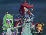  1girl 2boys artist_name english_commentary grin hand_up holding horns jewelry link motion_lines multiple_boys naomi_skye necklace outdoors sidon smile standing the_legend_of_zelda the_legend_of_zelda:_tears_of_the_kingdom waving yellow_eyes yona_(zelda) zora 