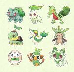  0_0 :&gt; animal_focus bird black_eyes bow bowtie brown_eyes bulbasaur cat chespin chikorita colored_sclera commentary_request fangs green_background green_bow green_bowtie grookey highres holding holding_stick leaf metikyun monkey no_humans open_mouth owl pokemon pokemon_(creature) red_eyes rowlet shell simple_background slit_pupils snivy sprigatito standing stick trait_connection treecko turtwig yellow_sclera 