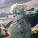  abs anthro biceps facial_scar felid fur fur_markings green_eyes grey_body hair looking_at_viewer lqqq male mammal markings muscular muscular_male nipples pantherine pecs scar shirtless_male sky snow_leopard solo 