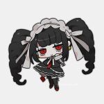  1girl bangs black_hair black_jacket black_skirt black_thighhighs bonnet celestia_ludenberg chibi danganronpa:_trigger_happy_havoc danganronpa_(series) drill_hair earrings frills gothic_lolita grey_background hand_up highres jacket jewelry layered_skirt lolita_fashion long_hair long_sleeves looking_at_viewer necktie red_eyes red_footwear red_necktie shoes simple_background skirt sobamushi_mo solo thighhighs twin_drills twintails 