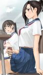  2girls bar_censor black_hair blue_skirt brown_eyes censored chair classroom closed_mouth desk erection futanari futanari_masturbation highres indoors long_hair looking_at_another masturbation multiple_girls neckerchief open_mouth original penis ponytail precum red_neckerchief school_desk school_uniform serafuku shiratama_(monster1553) shirt short_sleeves sitting skirt white_shirt 