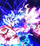  2boys aura battle dragon_ball dragon_ball_super electricity funnismonkis glowing grey_hair highres hyper_sonic multiple_boys muscular muscular_male serious son_goku sonic_(series) sonic_the_hedgehog spiked_hair topless_male trait_connection ultra_instinct 