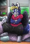  anthro antonio_daysleeper bed blue_body blue_fur bottomwear canid canine clothed clothing crossed_arms fox fur furniture grass hair kitsune_youkai male mammal pants plant red_clothing red_shirt red_t-shirt red_topwear shirt solo t-shirt tair topwear wings 