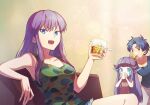  2girls blue_eyes breasts camouflage camouflage_shirt cup drink drinking esper_(saga) facial_mark holding holding_cup human_(saga) long_hair looking_at_viewer multiple_girls no_s open_mouth pointy_ears purple_hair saga saga_1 shirt smile sparkling_eyes 