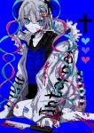  1girl alternate_costume bandaid bandaid_on_leg black_shirt blood blood_on_clothes blood_on_hands blood_on_knife blue_background blue_bow blue_eyes blue_hair blue_nails bow broken broken_weapon chouzetsusaikawa_tenshi-chan closed_mouth cross expressionless fur_collar grey_hair grey_jacket hair_between_eyes hair_bow hair_ornament heart heart_hair_ornament highres jacket knife long_hair long_sleeves looking_to_the_side multicolored_hair multicolored_nails nail_polish needy_girl_overdose open_clothes open_jacket pale_skin pink_bow pink_hair pink_nails pixel_art purple_bow quad_tails shirt sitting solo t-shirt twintails twitter_username very_long_hair weapon xdoxa89 yellow_nails 