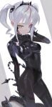  absurdres arm_up black_bodysuit bodysuit breasts grey_hair hairband heterochromia high_heels highres kneeling latex latex_bodysuit mechanical_tail medium_breasts neon_(saaal653) original raised_eyebrow saaal653 shiny_clothes tail twintails 