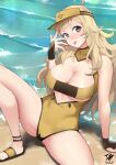  1girl :p ahoge alternate_breast_size arm_support artist_name bare_shoulders beach blonde_hair breasts cleavage commentary fingerless_gloves fingernails fire_emblem gloves grey_eyes highres kaos_art knee_up large_breasts long_hair ophelia_(fire_emblem) outdoors patreon_username sandals sitting solo spread_legs thighs tongue tongue_out underboob visor_cap water wavy_hair yellow_headwear 