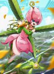 1girl detached_sleeves digimon digimon_(creature) fairy flower flying green_sleeves highres leaf_wings lilimon monster_girl nail_polish open_mouth outdoors petals plant plant_girl ryu_syudioo sunflowmon teeth upper_teeth_only 