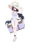  1girl bag bikini black_bikini black_choker blue_archive blush breasts choker cleavage clothing_cutout criss-cross_halter crossed_ankles hair_over_one_eye halo halterneck hat highres hinata_(blue_archive) hinata_(swimsuit)_(blue_archive) holding holding_bag large_breasts long_hair looking_at_viewer one-piece_swimsuit one_eye_covered red_eyes sandals side-tie_bikini_bottom side_cutout simple_background smile solo string_bikini sun_hat swimsuit toes twintails very_long_hair white_background white_one-piece_swimsuit yuzumochi4871 