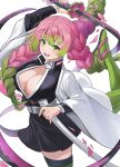  1girl :d absurdres belt braid braided_ponytail breasts cleavage demon_slayer_uniform floating_hair gradient_hair green_eyes green_hair haori highres holding holding_sword holding_weapon japanese_clothes kanroji_mitsuri kimetsu_no_yaiba large_breasts leg_up long_hair mole mole_under_eye multicolored_hair open_mouth pink_hair round30fight scabbard sheath simple_background smile solo sword teeth twin_braids two-tone_hair weapon whip_sword white_background white_belt 