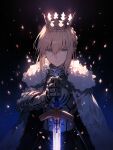  1girl ai-generated armor artoria_pendragon_(fate) blonde_hair breastplate cape commentary crown excalibur_(fate/stay_night) fate_(series) fur-trimmed_cape fur_trim green_eyes hair_between_eyes highres holding holding_sword holding_weapon looking_at_viewer saber solo sword tarte_(hodarake) weapon 