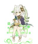  1girl animal_ears bloomers blush braid cat cat_ears cat_tail detached_sleeves eyelashes flower-shaped_pupils genshin_impact gold_bracelet gradient_hair green_eyes green_hair hair_between_eyes hair_ornament highres holding holding_quill leaf_hair_ornament multicolored_hair nahida_(genshin_impact) open_mouth pointy_ears quill scaramouche_(cat)_(genshin_impact) scaramouche_(genshin_impact) side_ponytail single_braid sitting solo sp0i0ppp stirrup_legwear symbol-shaped_pupils tail toeless_legwear underwear 