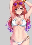  1girl arisugawa_natsuha armpits arms_up bare_shoulders bikini blush breasts brown_eyes cleavage closed_mouth collarbone cowboy_shot dot_nose earrings eyewear_on_head gradient_hair grey_background idolmaster idolmaster_shiny_colors jewelry large_breasts long_hair looking_at_viewer multicolored_hair multiple_bracelets navel o-ring o-ring_bikini orange_hair purple_hair red_hair shiroyukimajima shy simple_background solo sunglasses swimsuit triangle_earrings white_bikini 