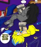  anthro bed black_body black_fur black_hair blonde_hair bluedesuex chilling cybernetics cyborg dialogue duo eulipotyphlan fan_character female fur furniture hair hedgehog larger_male machine male male/female mammal maria_smitt mobian_hedgehog neiko nude pawpads paws size_difference speech_bubble yellow_body yellow_fur 