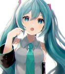  1girl blue_eyes blue_hair blush collared_shirt commentary_request detached_sleeves hair_ornament hand_up hatsune_miku headphones headset long_hair long_sleeves looking_at_viewer necktie open_mouth shirt sleeveless sleeveless_shirt solo suiren_nei twintails upper_body vocaloid 