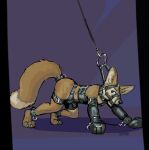  2014 akasch all_fours anthro bdsm bondage_mitts canid canine collar cuff_(restraint) fennec fox harness male mammal restraints simple_background solo turbinedivinity 