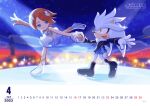  1boy 1girl blue_eyes brown_hair calendar_(medium) dress furry furry_with_non-furry highres holding_hands ice ice_skates ice_skating interspecies leg_up night official_art princess_elise_the_third short_hair silver_the_hedgehog skates skating smile sonic_(series) sonic_the_hedgehog_(2006) sparkle spotlight third-party_source white_fur yellow_eyes 