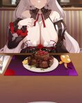  1girl bare_shoulders blush breasts cake cleavage closed_mouth detached_collar detached_sleeves dress earrings food fork fruit grey_hair head_out_of_frame highres homu_(honkai_impact) honkai_(series) honkai_impact_3rd indoors jewelry kana_(ky4696) kiana_kaslana large_breasts long_hair long_sleeves luna_(honkai_impact) official_alternate_costume plate sitting smile solo strawberry table theresa_apocalypse theresa_apocalypse_(lunar_vow:_crimson_love) white_hair 