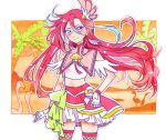 1girl commentary_request cure_flamingo earrings feather_earrings feathers fingerless_gloves fishnet_thighhighs fishnets gloves hair_ornament hoppetoonaka3 jewelry layered_skirt long_hair looking_at_viewer magical_girl midriff multicolored_hair precure purple_eyes red_hair shell_brooch skirt smile takizawa_asuka thick_eyelashes thighhighs tropical-rouge!_precure white_gloves 
