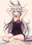  1girl animal_ears armpits arms_up bed_sheet black_camisole blue_eyes breasts camisole grey_hair highres horse_ears horse_girl horse_tail long_hair looking_at_viewer messy_hair mouth_hold on_bed sitting small_breasts tail tamamo_cross_(umamusume) teaclaw umamusume yokozuwari 