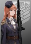  absurdres blue_headwear blue_jacket girls&#039;_frontline green_eyes grey_background griffin_&amp;_kryuger highres jacket lapels long_hair military_uniform orange_hair parade_rest rampart1028 serious shirt sig-510_(girls&#039;_frontline) sig_sg510 uniform white_shirt 