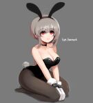  1girl animal_ears artist_name bare_shoulders black_choker black_hairband black_leotard black_pantyhose blush bound bound_wrists breasts chain choker cleavage closed_mouth collarbone covered_navel cuffs curvy fake_animal_ears fake_tail full_body gloves grey_background grey_hair hair_between_eyes hairband handcuffs hwaryeok kneeling large_breasts leotard lips looking_at_viewer looking_up mole mole_on_breast original pantyhose parted_lips playboy_bunny rabbit_ears rabbit_tail red_eyes seiza short_hair sidelocks simple_background sitting solo strapless strapless_leotard tail thighs v_arms white_background white_gloves wrist_cuffs 