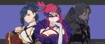 1girl 2boys bare_shoulders blue_hair breasts cleavage cleavage_cutout clothing_cutout dark-skinned_male dark_skin elbow_gloves fascinator fire_emblem fire_emblem_engage flower fur_trim gloves hahm0106 highres ivy_(fire_emblem) japanese_clothes kagetsu_(fire_emblem) large_breasts long_hair looking_at_viewer medium_hair multiple_boys purple_eyes purple_hair rose white_gloves yellow_eyes zelkov_(fire_emblem) 