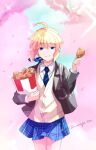  1girl ahoge alternate_costume artoria_pendragon_(bloom_in_spring)_(fate) artoria_pendragon_(fate) bag black_jacket blonde_hair blue_ribbon blue_skirt braid bucket_of_chicken cherry_blossoms chicken_leg cowboy_shot eating fate/grand_order fate/stay_night fate_(series) food food_on_face fried_chicken green_eyes highres holding holding_food iwanaga_tm jacket looking_at_viewer necktie plaid plaid_skirt pleated_skirt ribbon saber school_bag school_uniform shirt short_hair skirt smile solo sparkle striped_necktie twitter_username vest white_shirt 