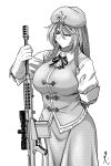  1girl anti-materiel_rifle arm_behind_back barrett_m82 beret braid cowboy_shot gun hat highres holding holding_gun holding_weapon hong_meiling koyubi_(littlefinger1988) long_hair monochrome rifle shirt short_sleeves skirt sniper_rifle standing star_(symbol) touhou twin_braids vest weapon white_background white_shirt 